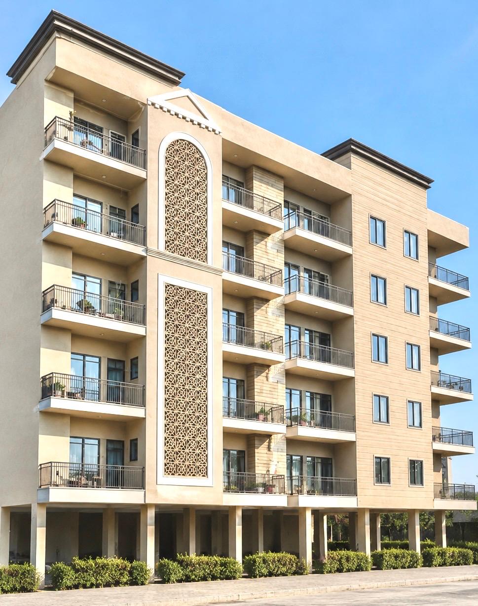 Angled perspective of 2BHK apartment building