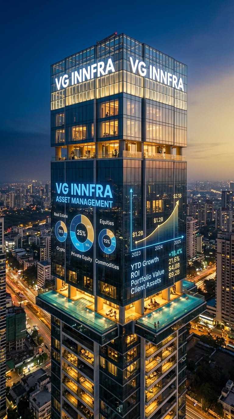 Vertical luxury architectural residential skyscraper with wealth portfolio metrics for mobile