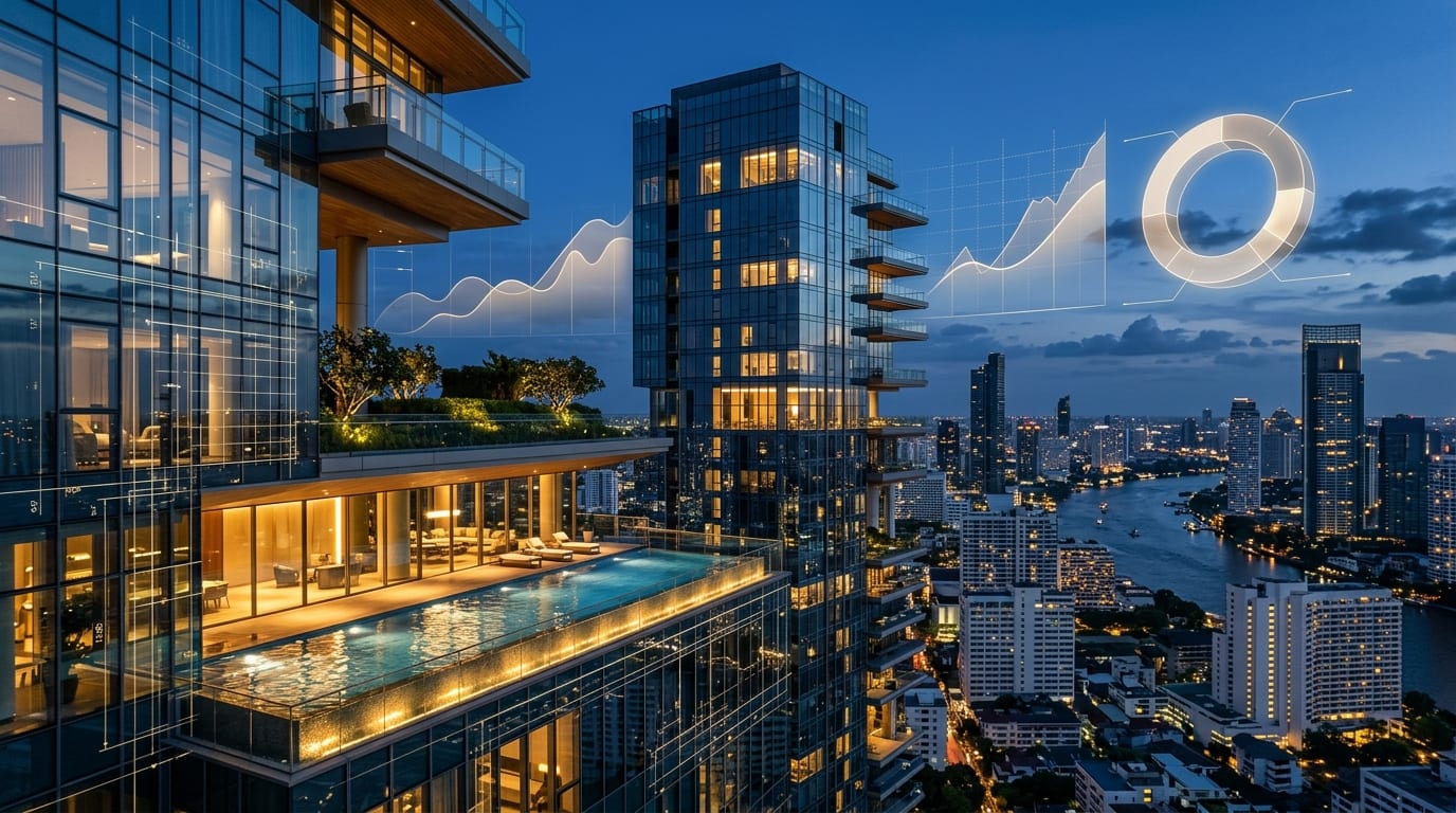 Ultra-luxury architectural residential towers with skyline views and integrated wealth portfolio analytics