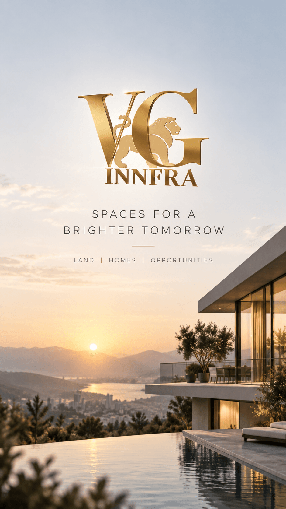 The gold VG INNFRA lion mark above a hillside villa and infinity pool overlooking a lake valley at sunrise